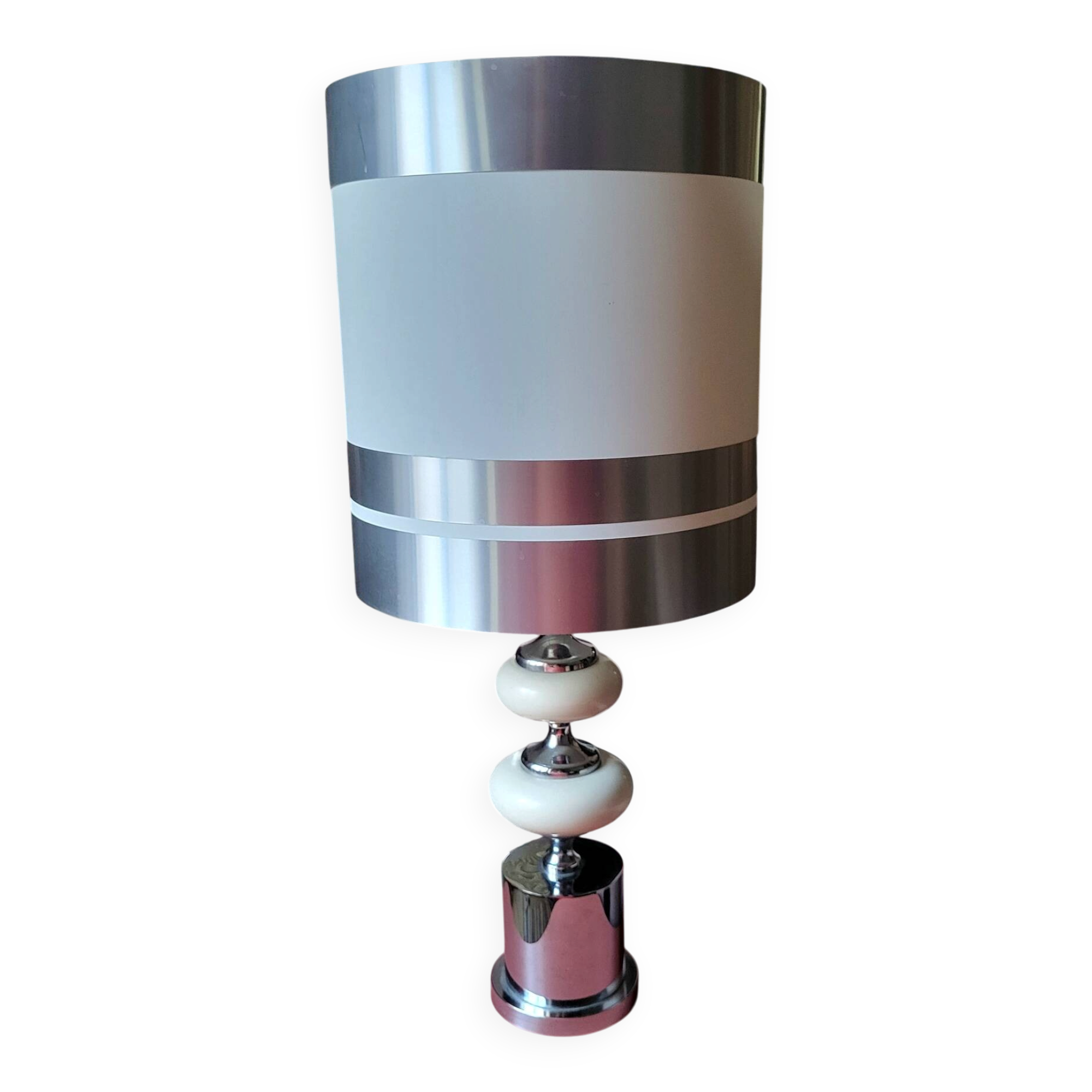Large Vintage 1970 Space Age Chrome & Wood Lamp
