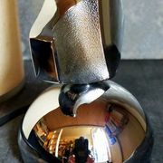 Modernist lamp chromed metal 70s, beige canvas lampshade