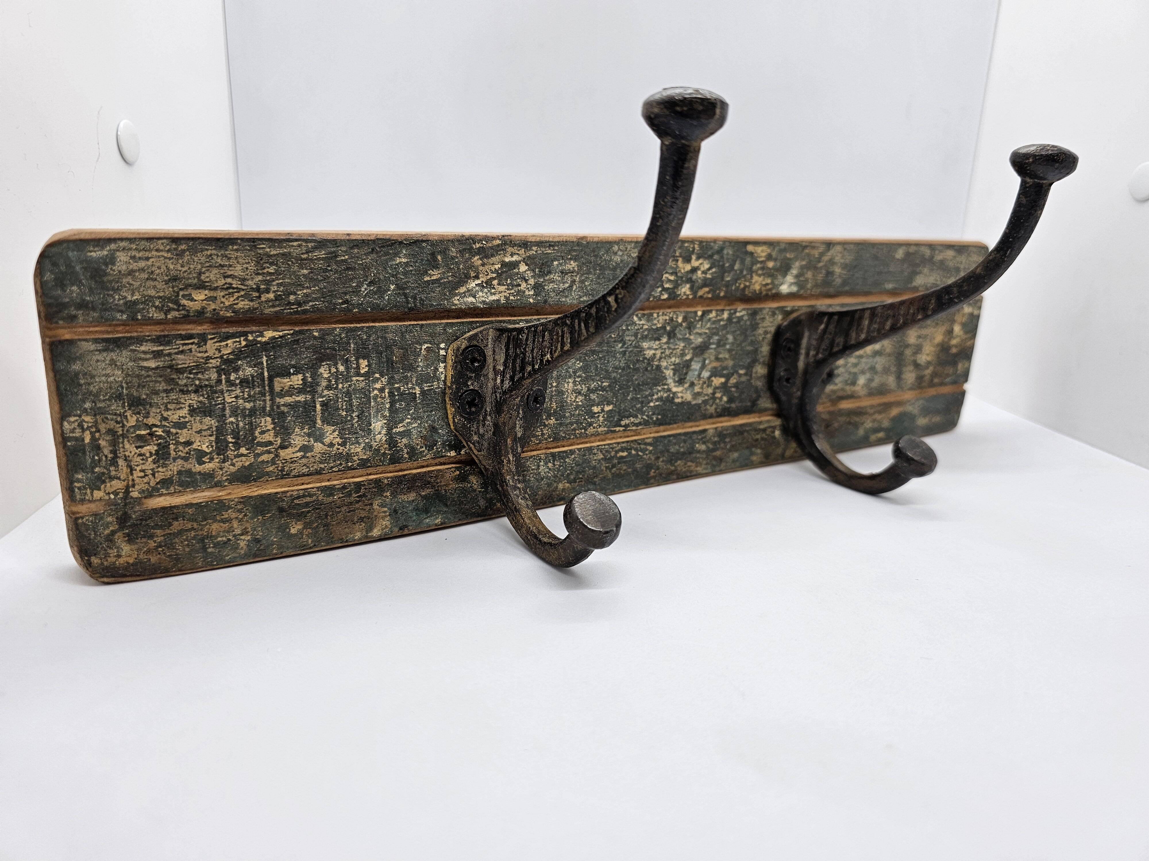 Solid teak coat hook with 2 double cast iron hooks