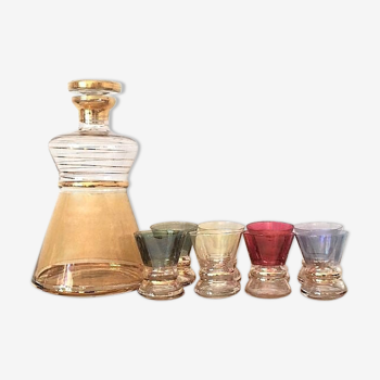 Carafe, 6 verres couleurs & dorure vintage 50/60