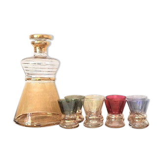 Carafe, 6 verres couleurs & dorure vintage 50/60