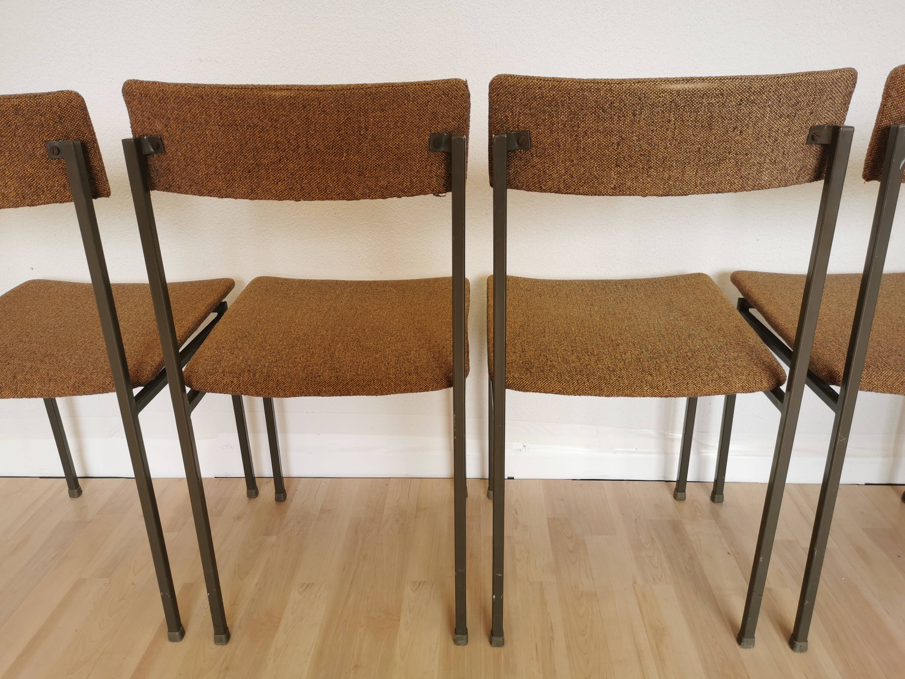 Set of 4 Vintage Industrial School Chairs: Brown Fabric, Black Metal Base