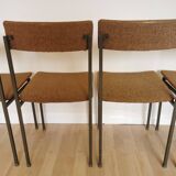 Set of 4 Vintage Industrial School Chairs: Brown Fabric, Black Metal Base