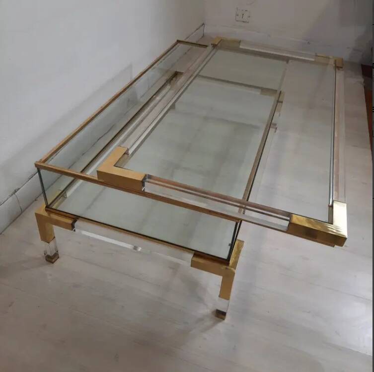 coffee table, table with sliding top, brass plexiglass crystal  vintage anni 70