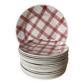 Moulin des Loups plates, "Torchon" checkered pink pattern, 1950s-60s.