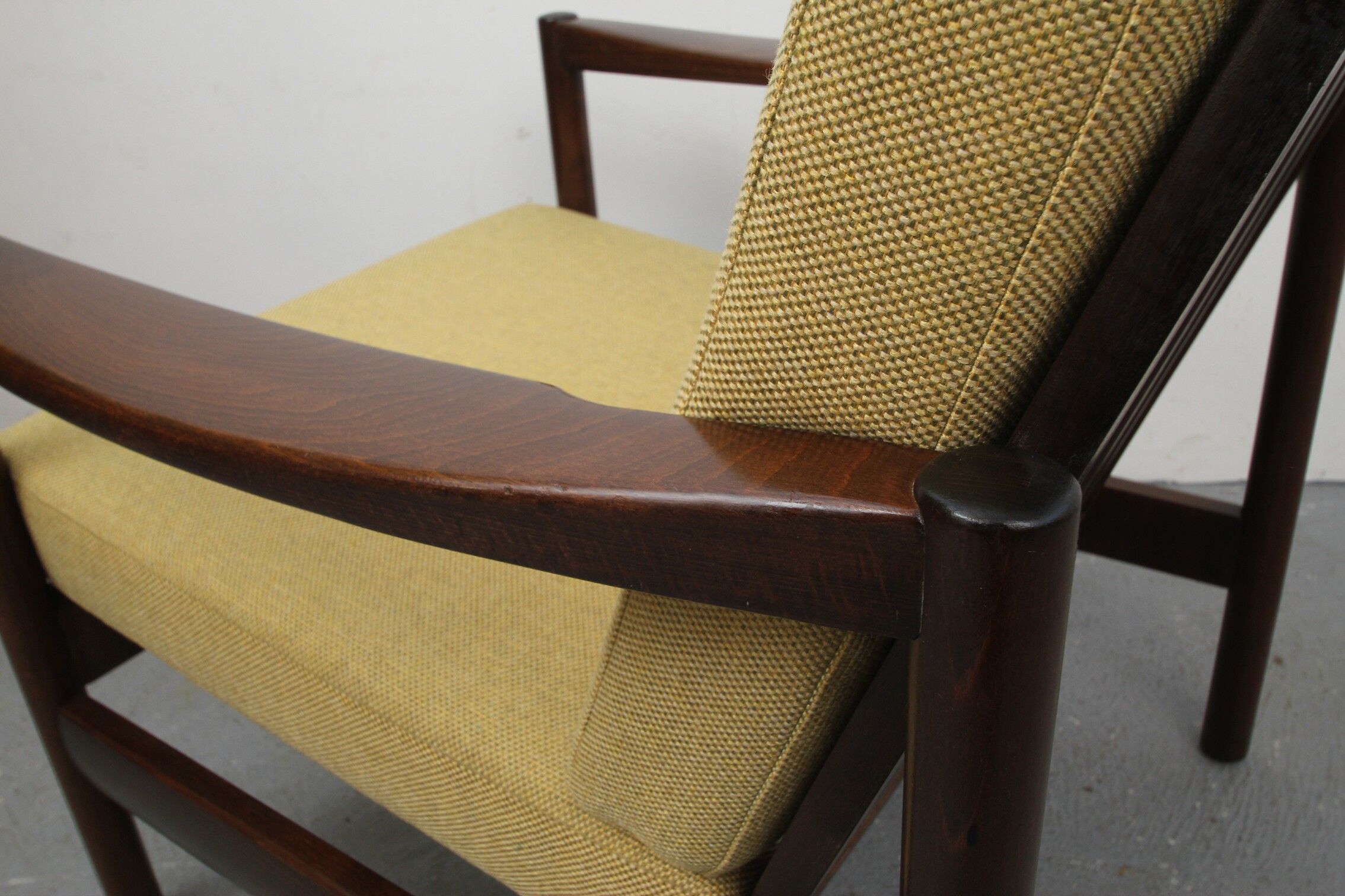 Mid-century walnut armchair in yellow 1960s