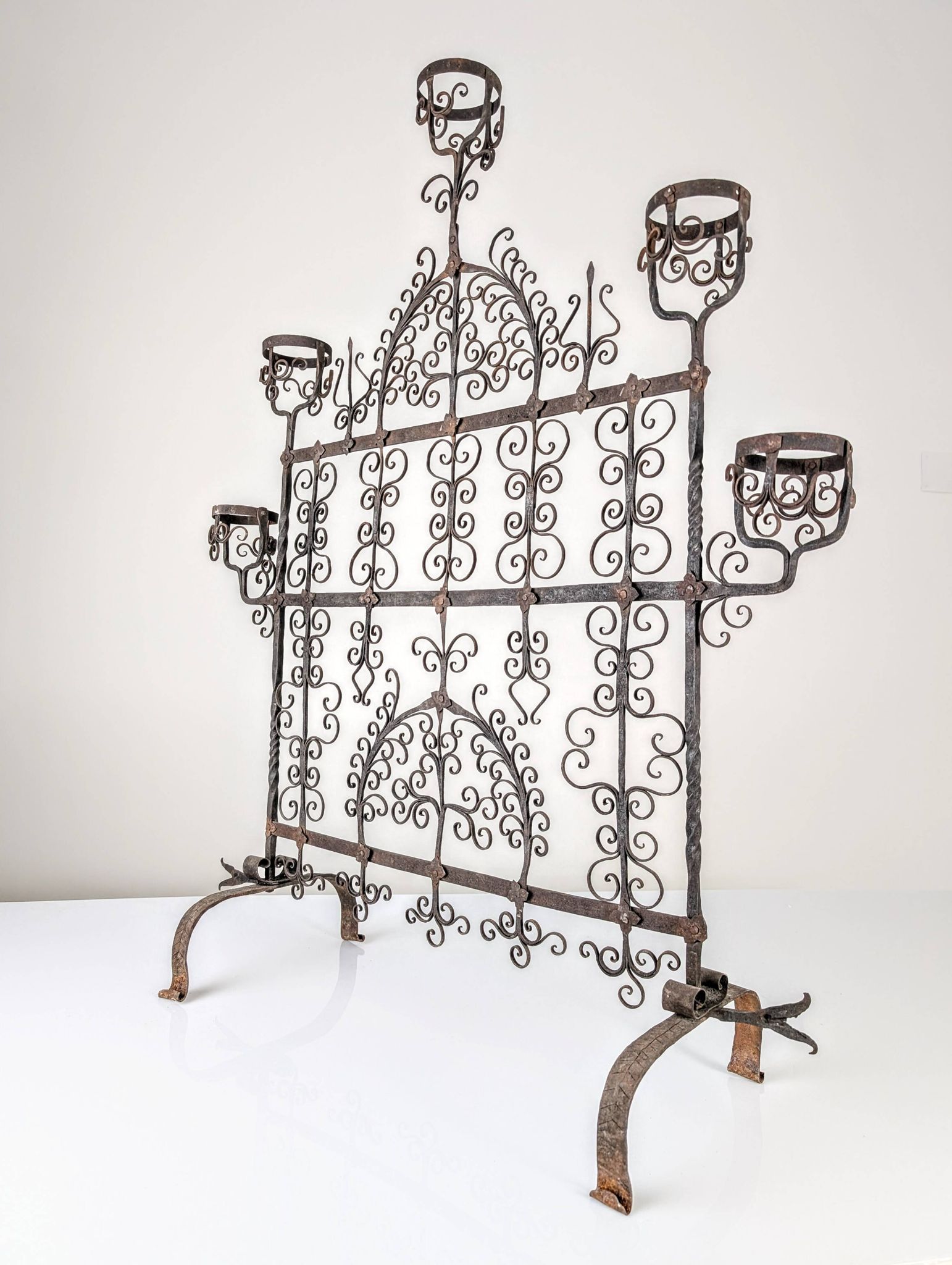 Spanish Wrought Iron Fireplace Screen Candelabra, Arts and Crafts, 1880s