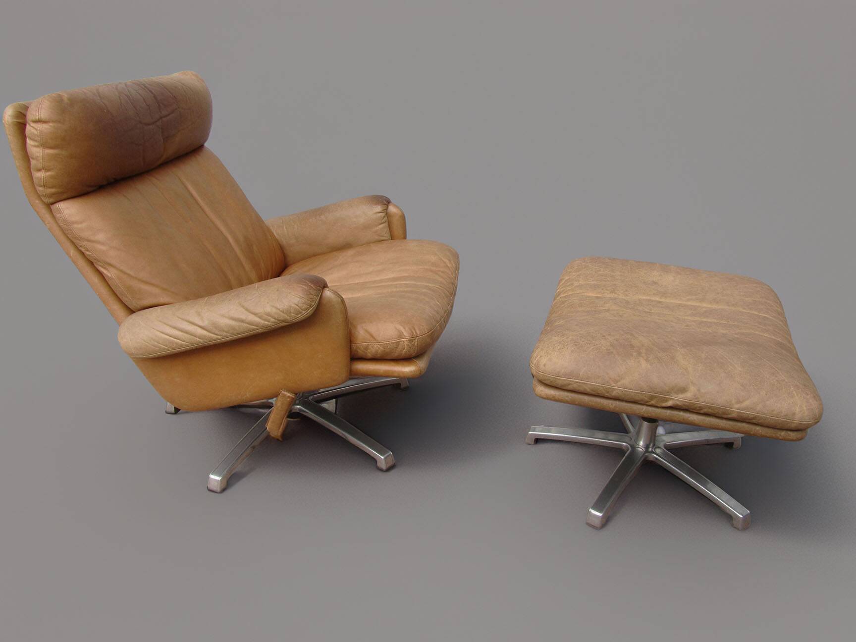 Mid-century vintage high back leather Swivel Armchair with Ottoman, 1970s