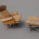 Mid-century vintage high back leather Swivel Armchair with Ottoman, 1970s
