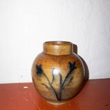 Vase à fleurs en grès * vase vintage en poterie marron avec motif floral bleu peint à la main * milieu du siècle