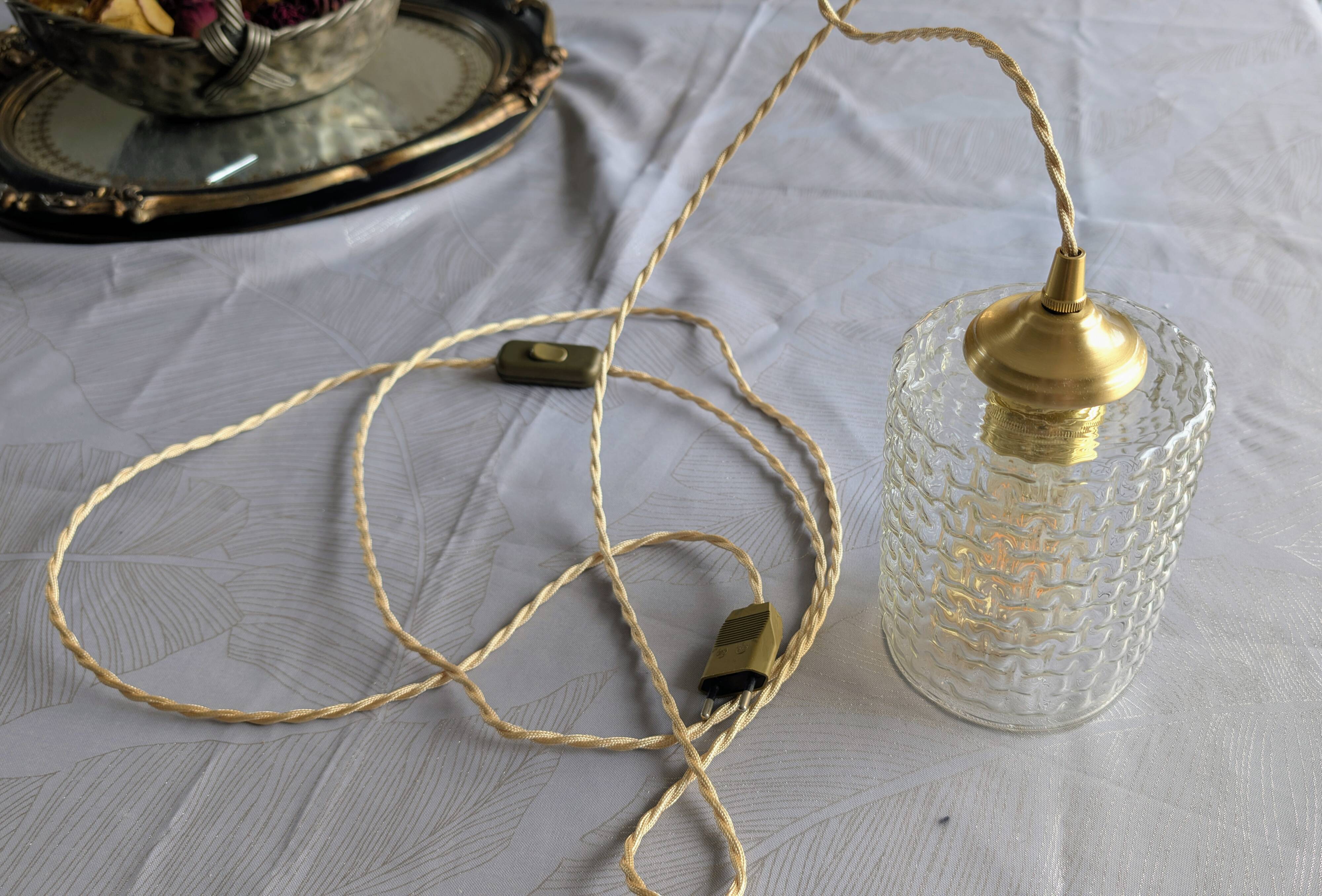 Hammered glass table lamp with vintage style shade