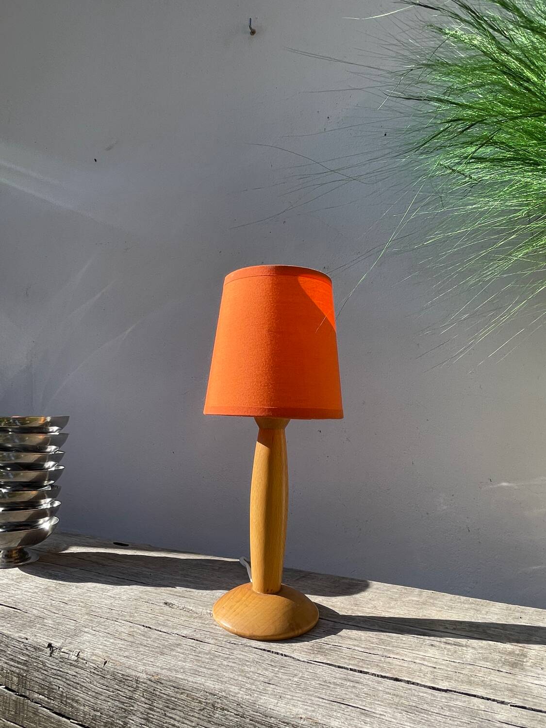 1980s orange turned wooden lamp