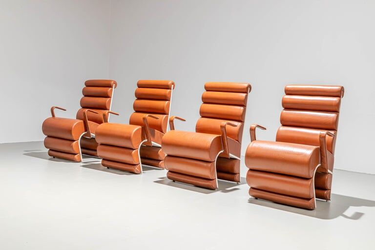 Set of 4 metal and leather armchairs France 1970s