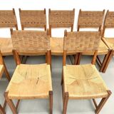 Série de dix chaises en orme massif tressées main, France circa 1965