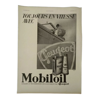 Publicité peugeot et huile mobil  automobile voiture femme issue revue 1935