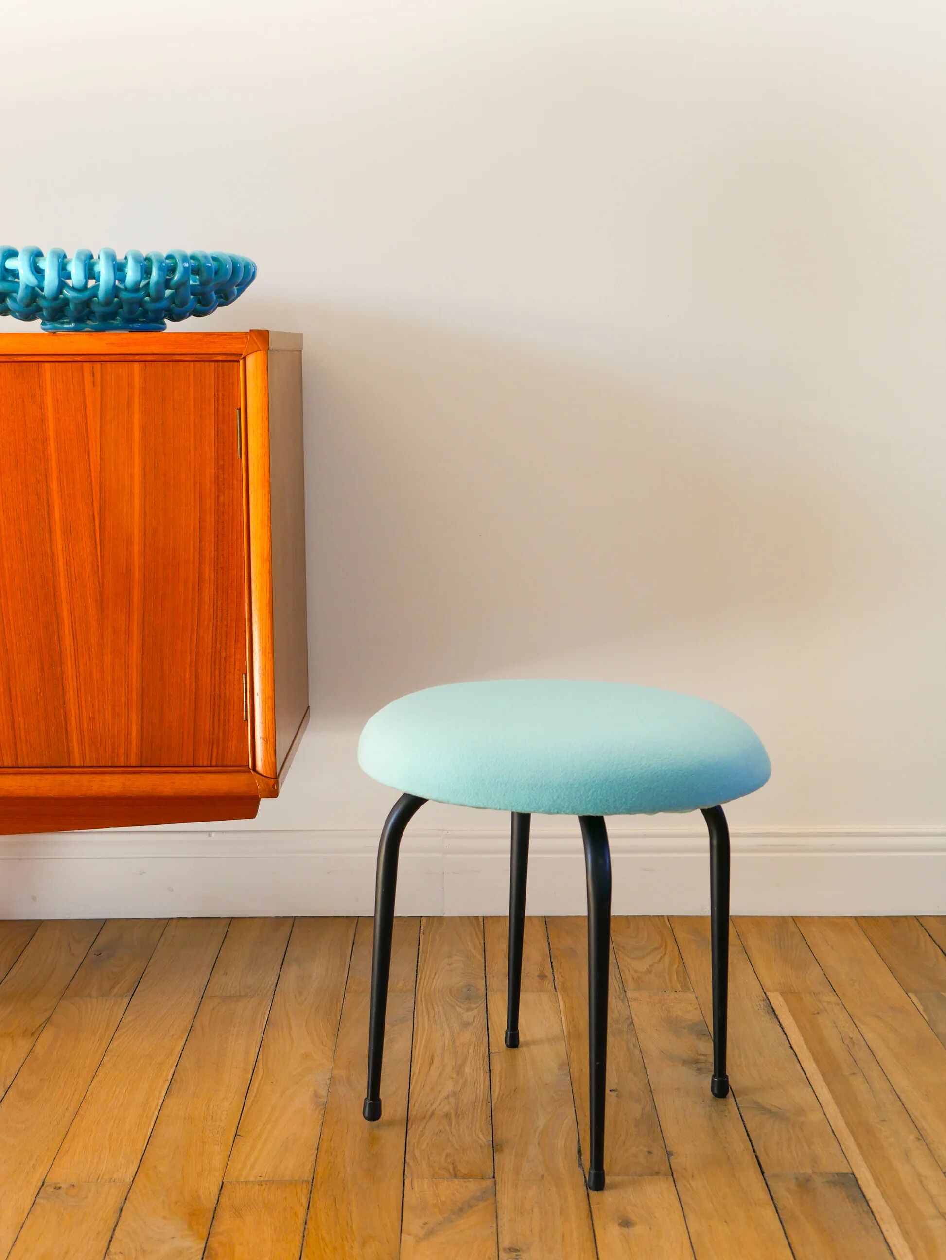 Black iron stool and boiled wool, turquoise blue, 1960