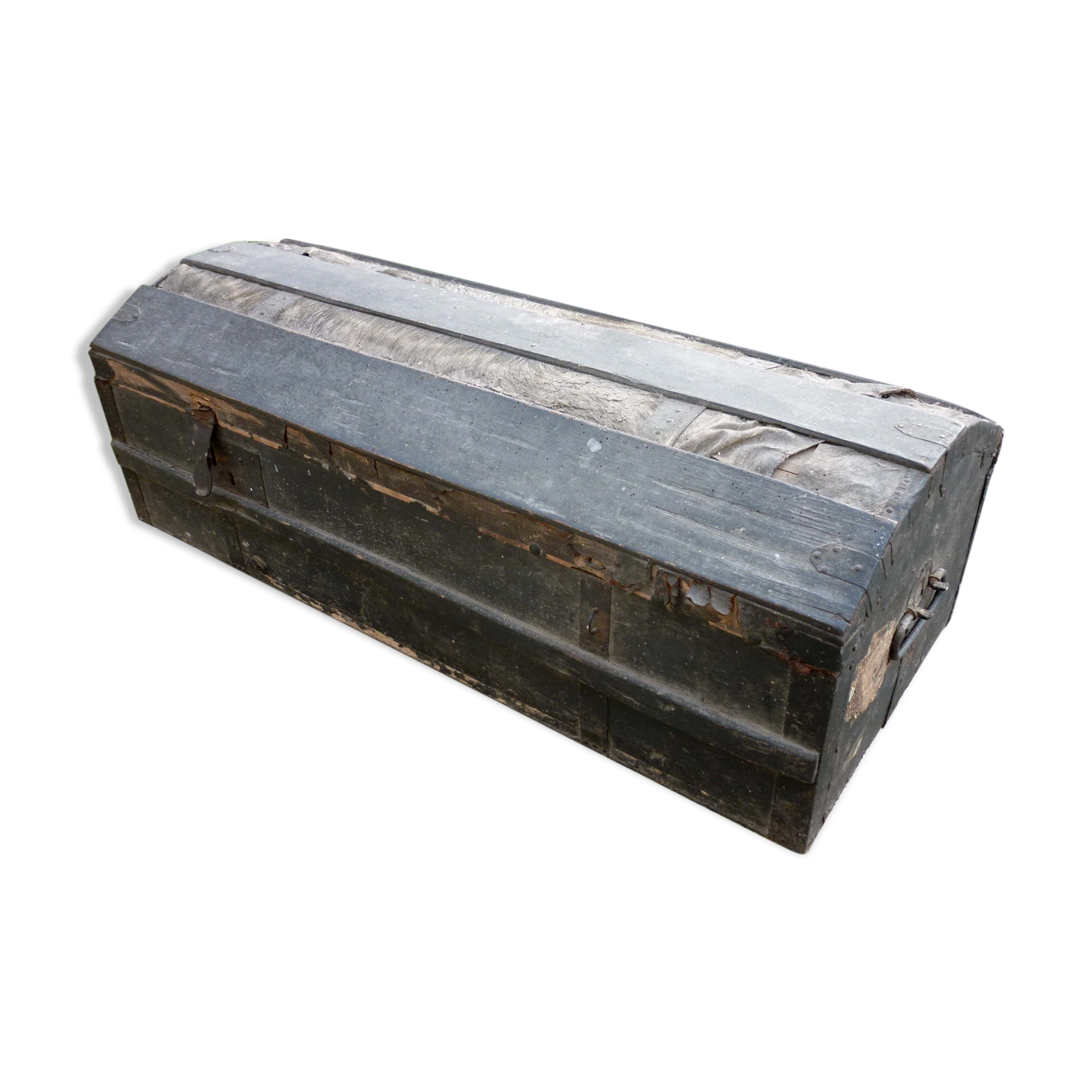 Old bulging wooden travel trunk