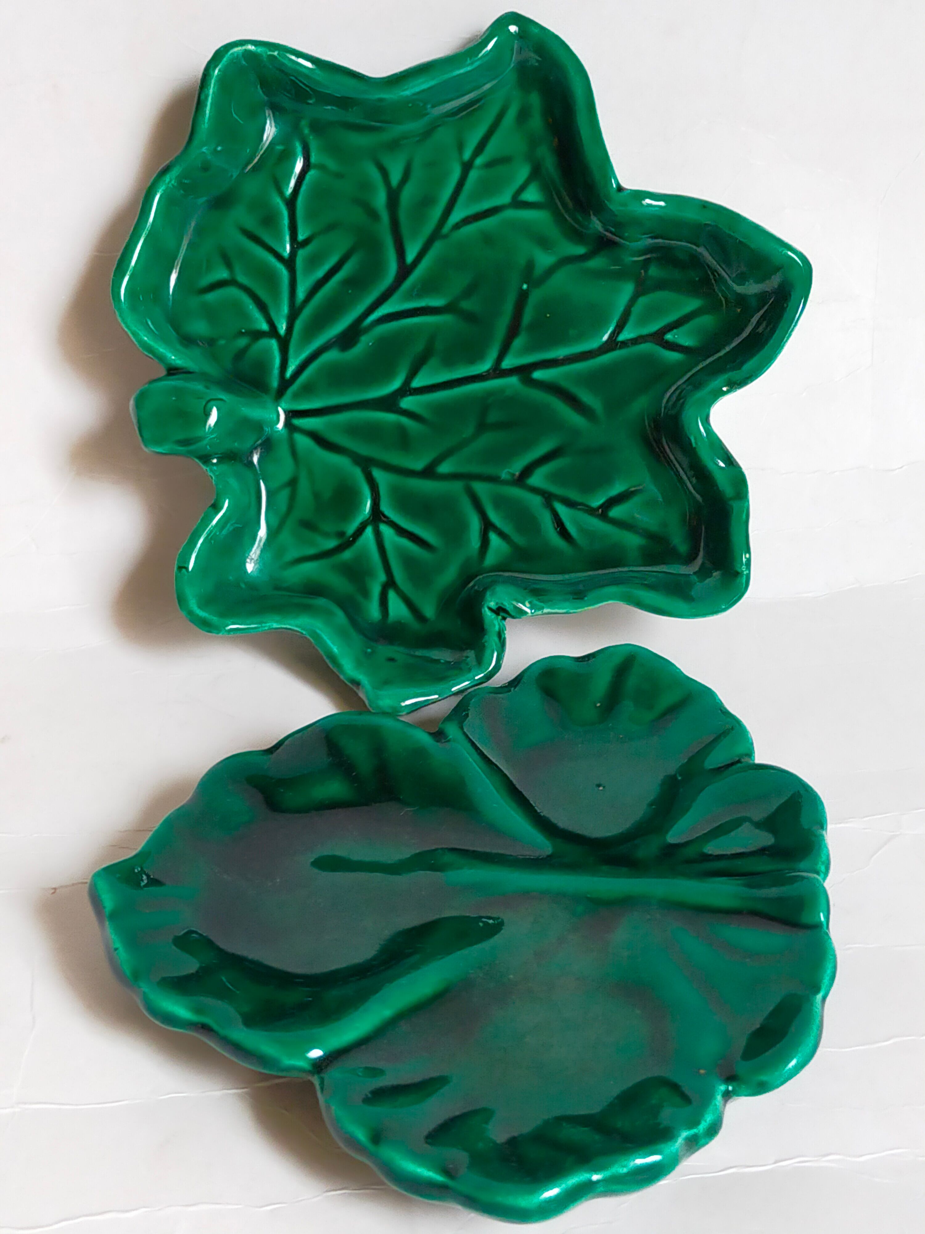 Duo of leaf cups in green slurry from Vintage Vallauris