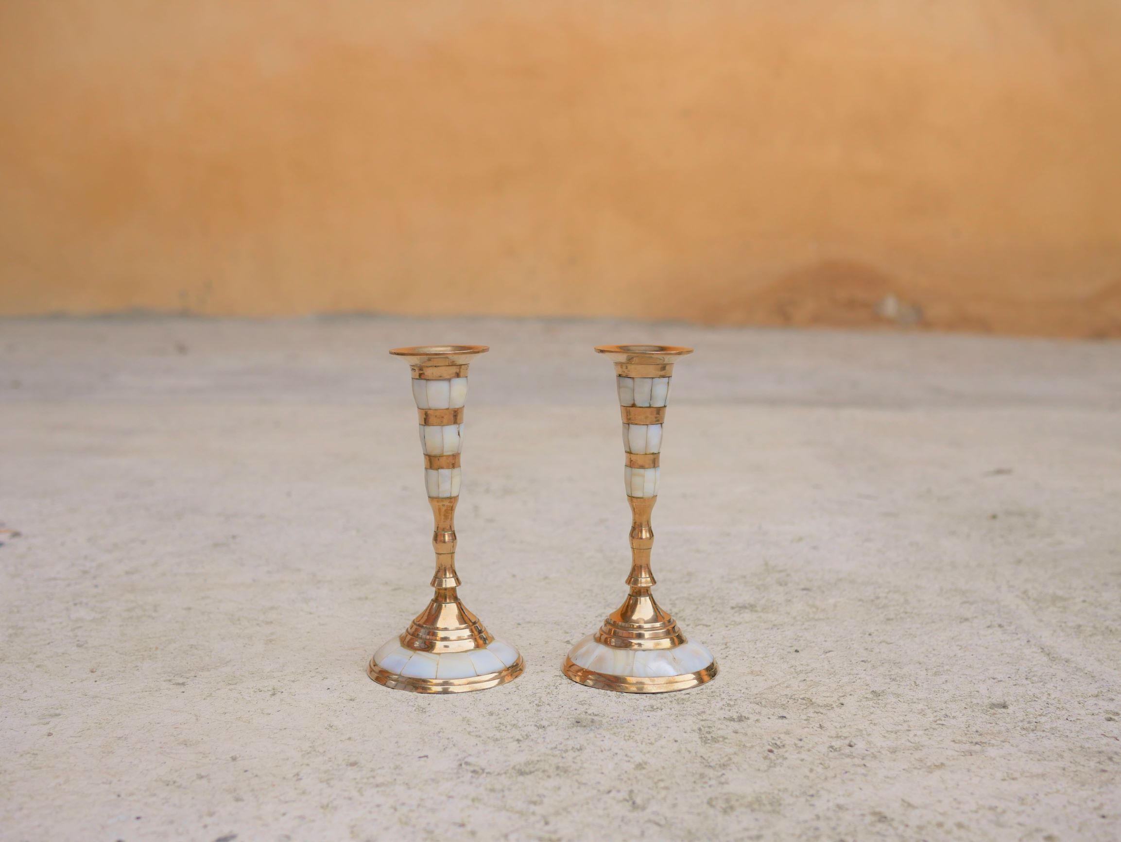 Pair of vintage brass and mother-of-pearl candlesticks