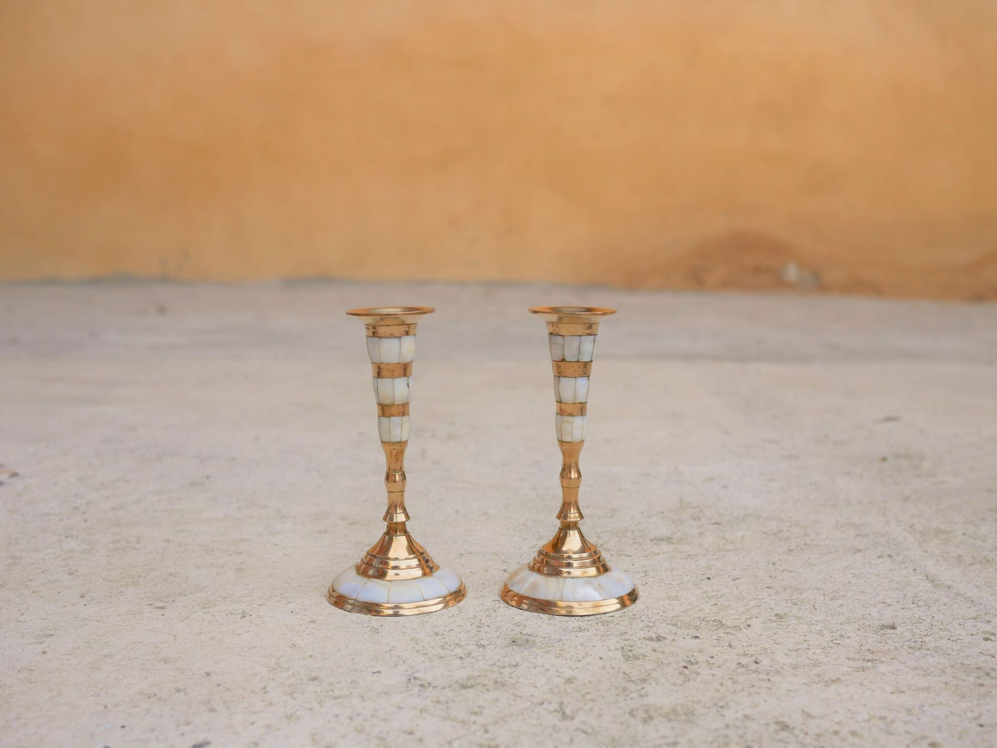 Pair of vintage brass and mother-of-pearl candlesticks