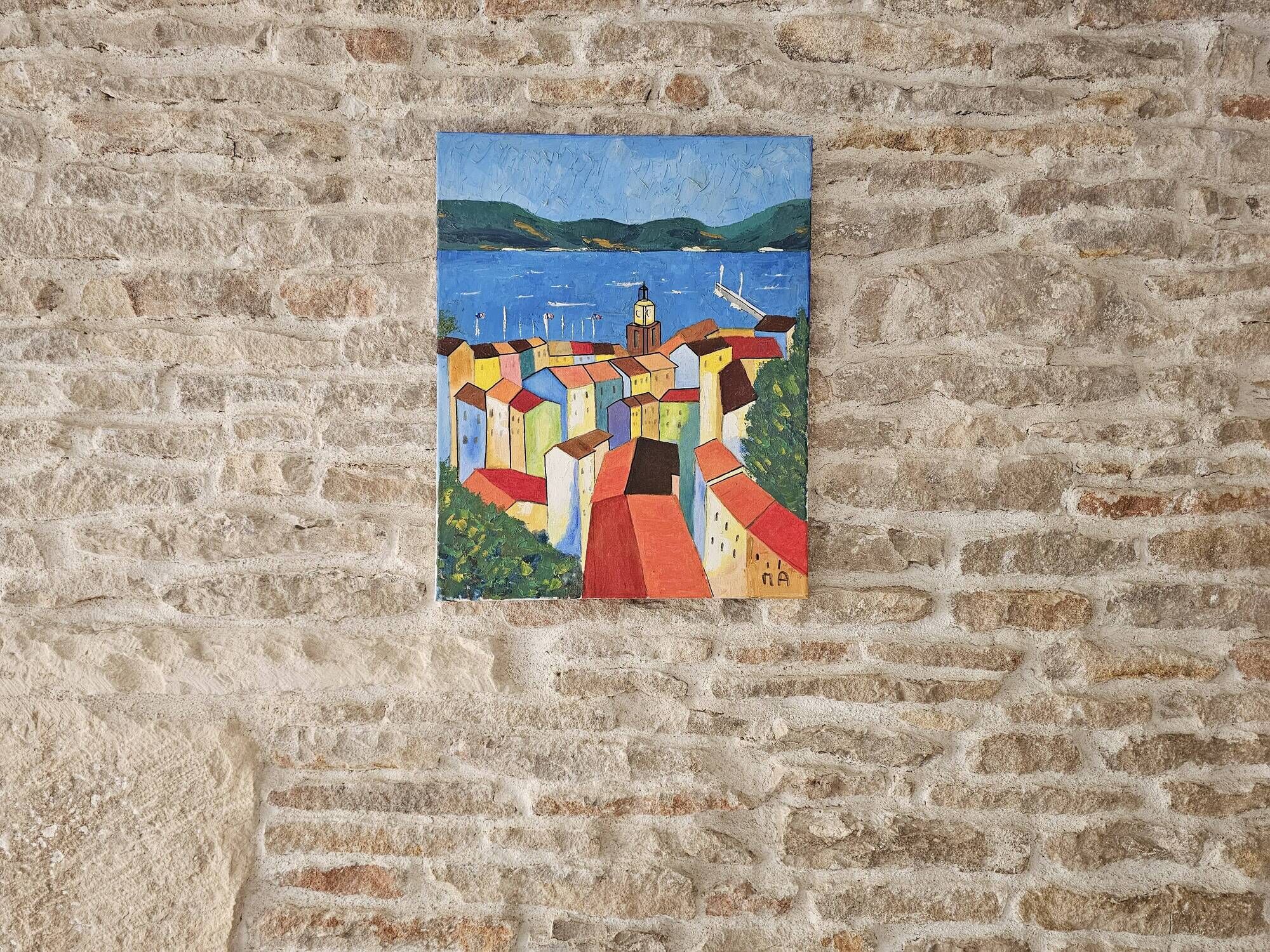 Oil painting - Colourful view of the rooftops of the village of Saint-Tropez