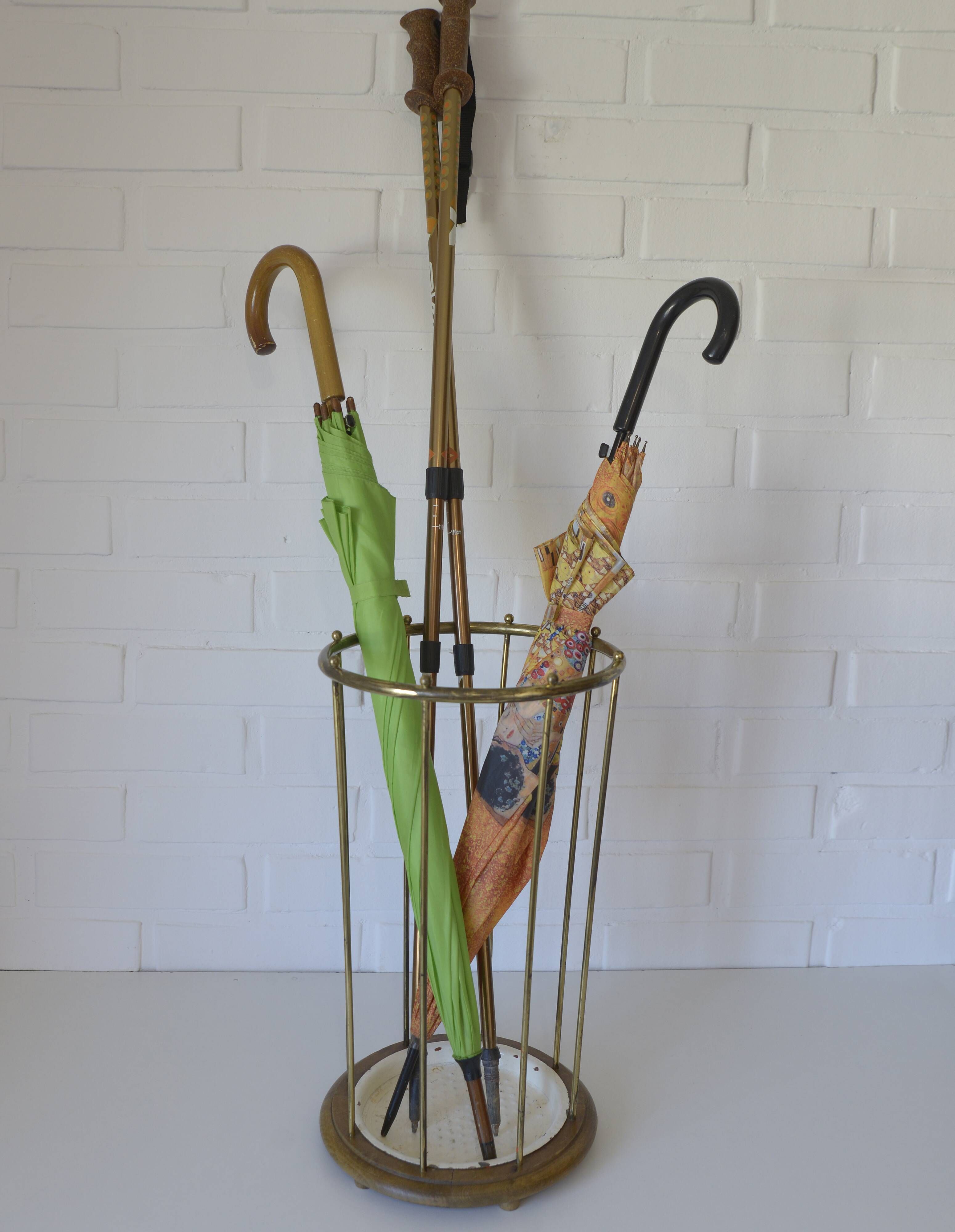 Vintage umbrella stand mid-century brass metal stick holder from 1960s