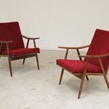 Pair of burgundy boomerang armchairs Antonin Suman Ton Bystrice (Thonet)