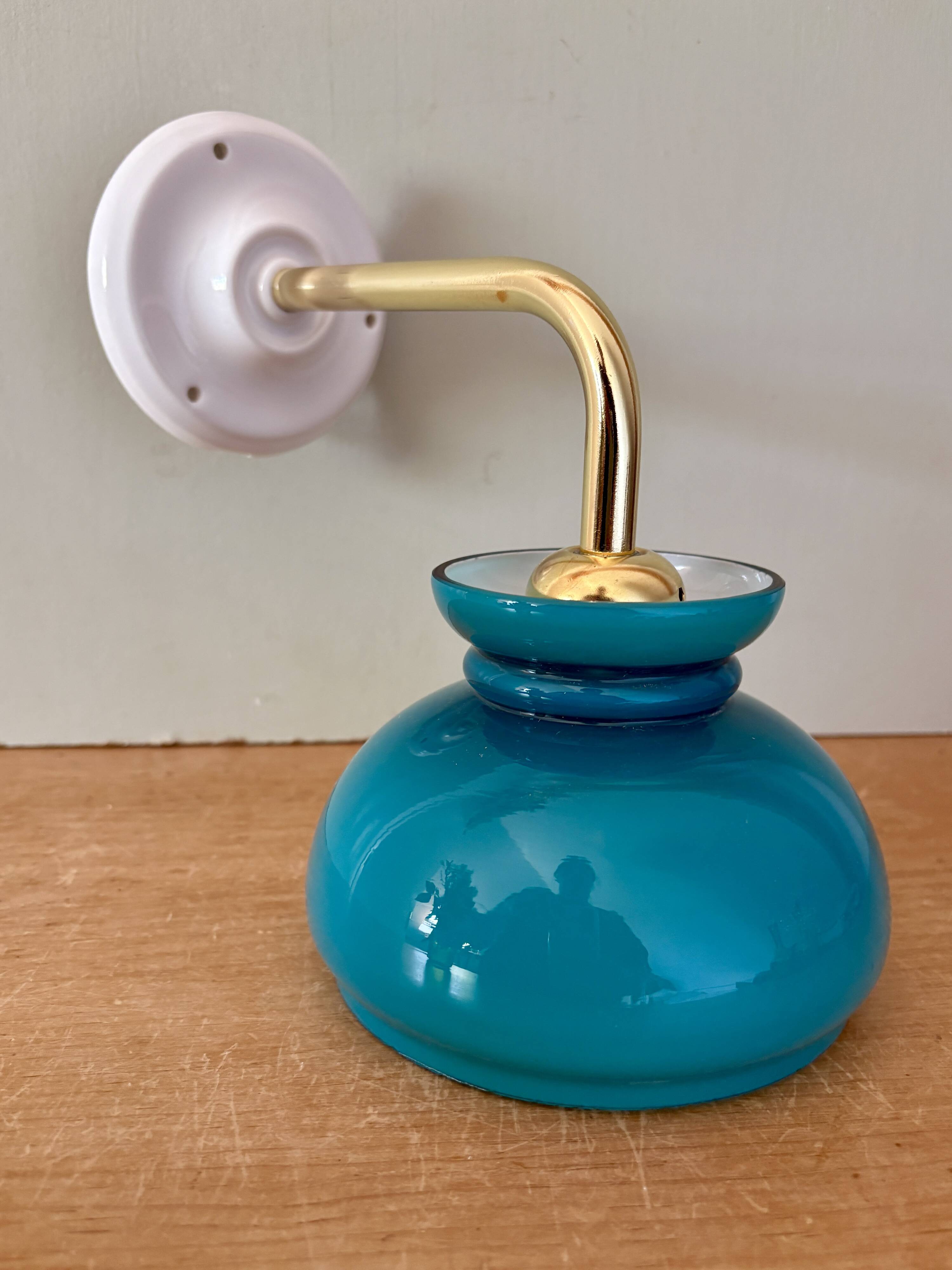 Vintage angled globe wall light in blue opaline