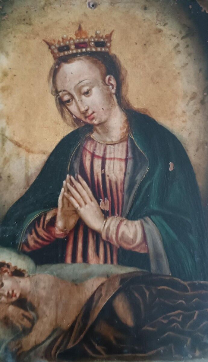Antique painting on copper - 17th/18th century - Virgin and Child asleep