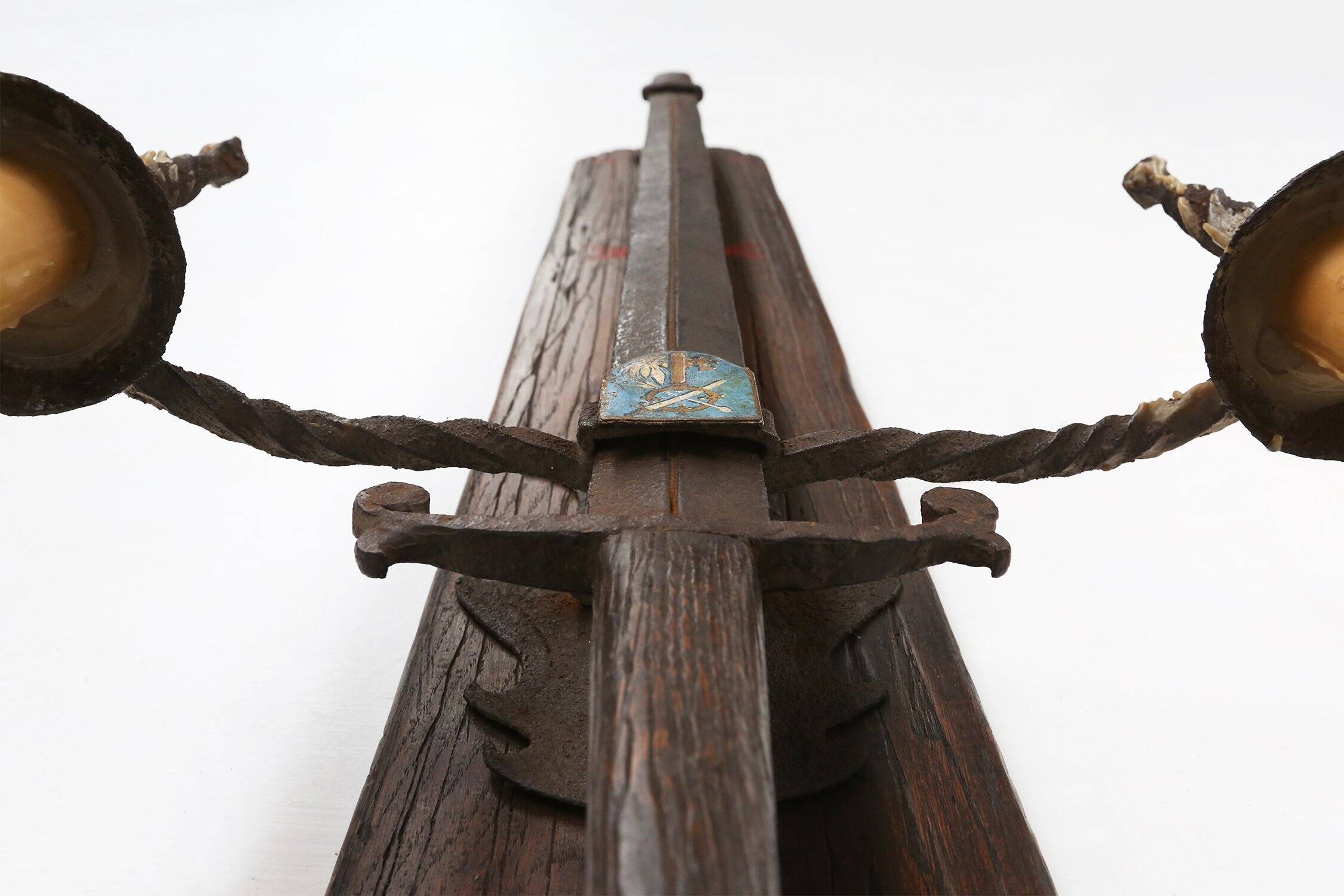 French 20th Century Large Wrought‑Iron Medieval Revival Wall Lamp with Swor