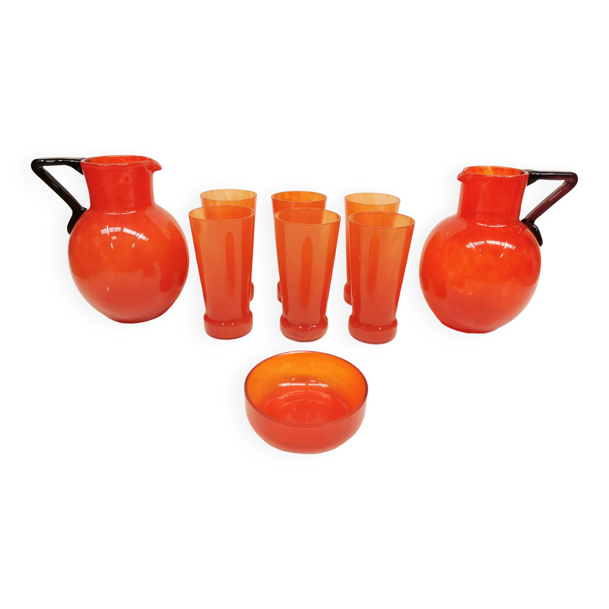 Schneider Orangeade / Lemonade Service, Le Verre Français. 2 Pitchers and 6 Glasses