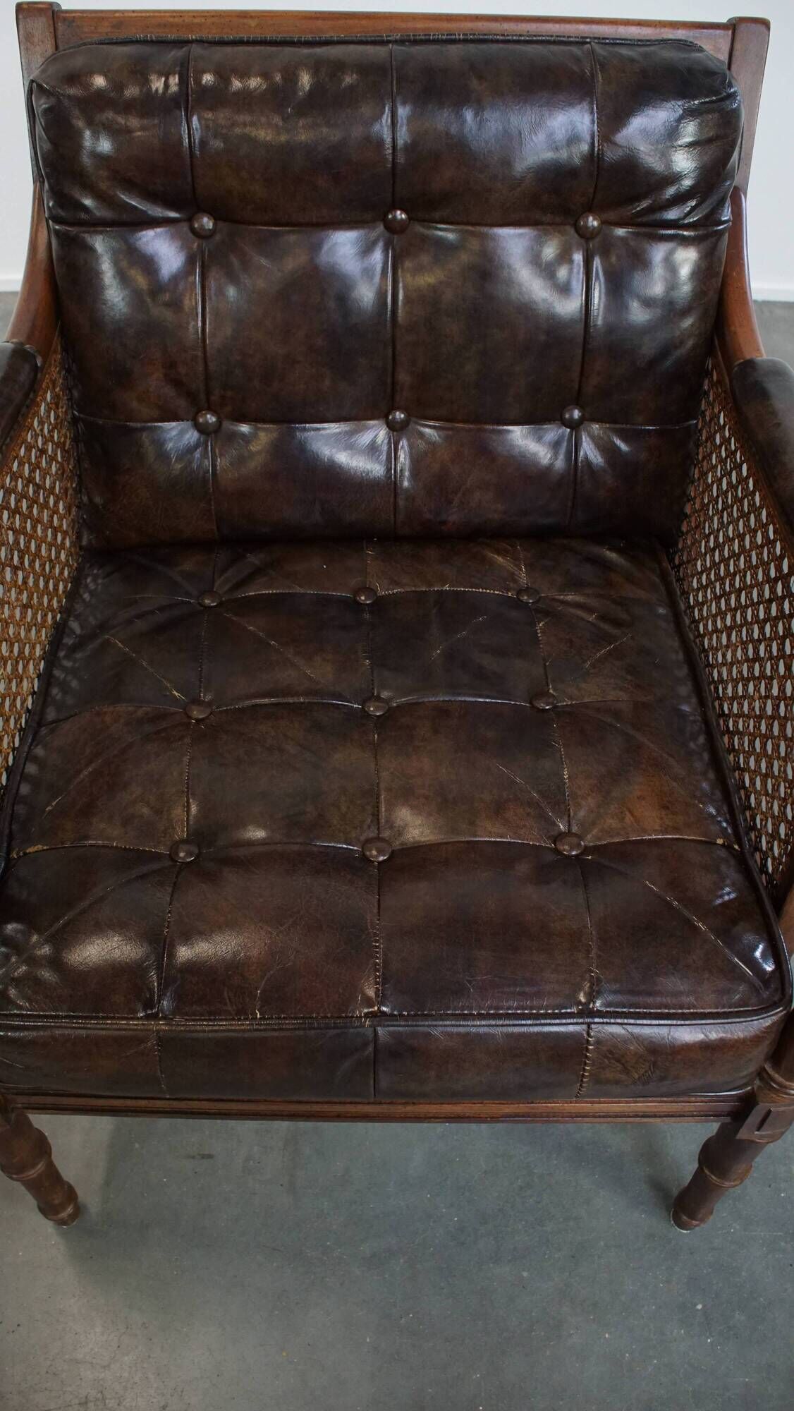 Vintage 1970s Design Armchair Made of Wood, Leather, and Webbing