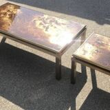 Tables basses en laiton et verre églomisé, années 70