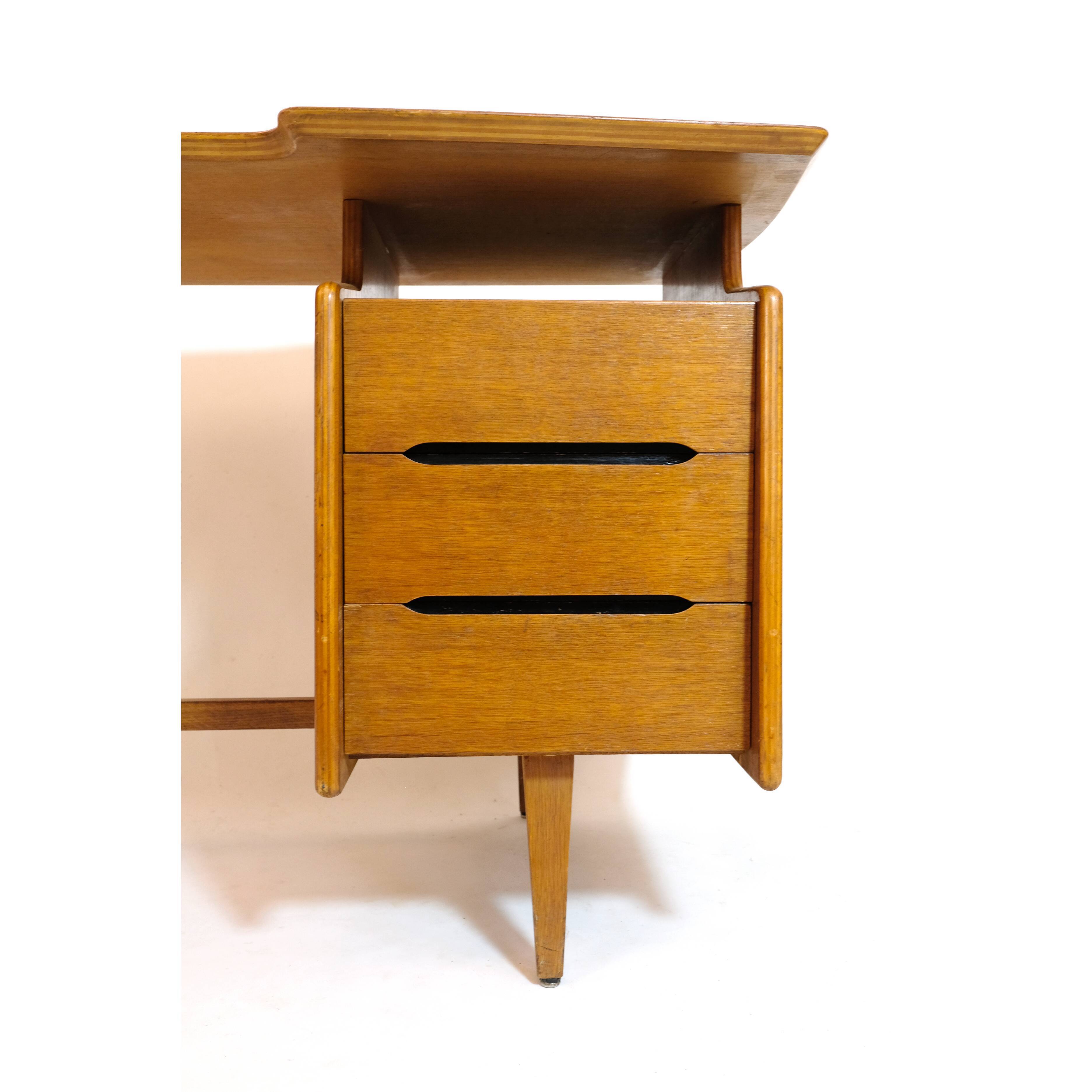 Jacques Hauville, tripod oak desk, 1950