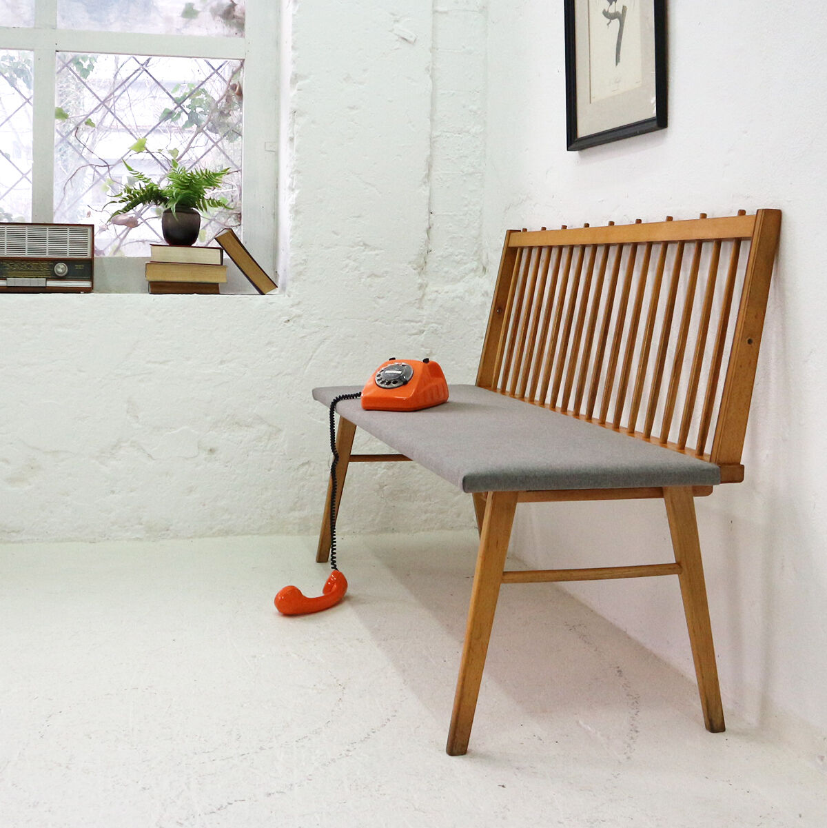 Reupholstered beechwood bench, 1950
