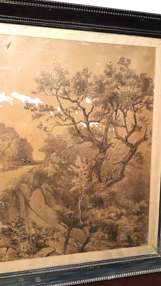 Grande peinture de paysage, techniques mixtes, 19e siècle