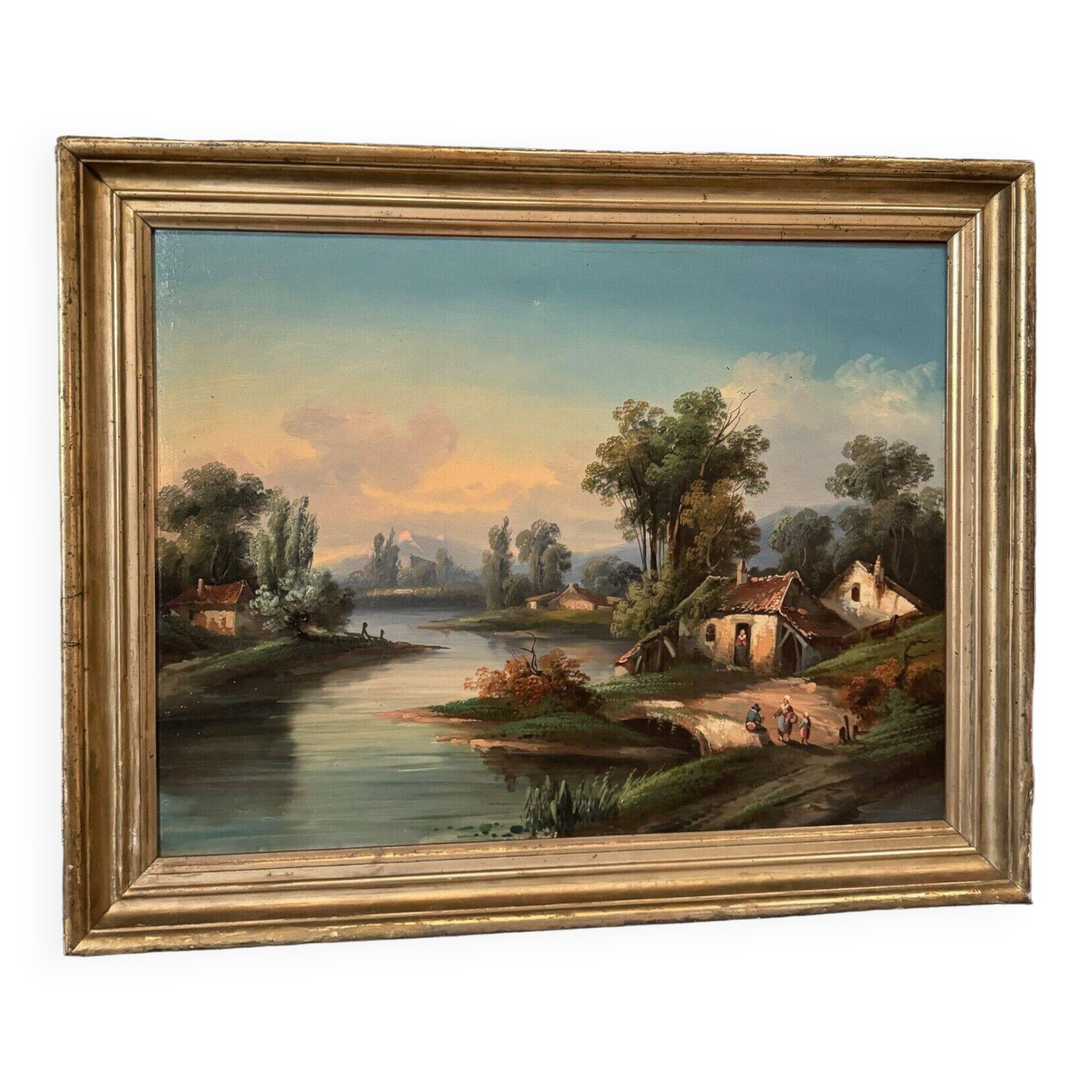Oil on canvas landscape on the edge of a river late 19th century