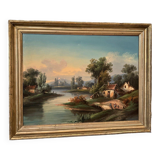 Oil on canvas landscape on the edge of a river late 19th century