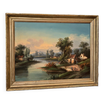 Huile sur toile paysage au bord d'un cours d'eau fin XIXe