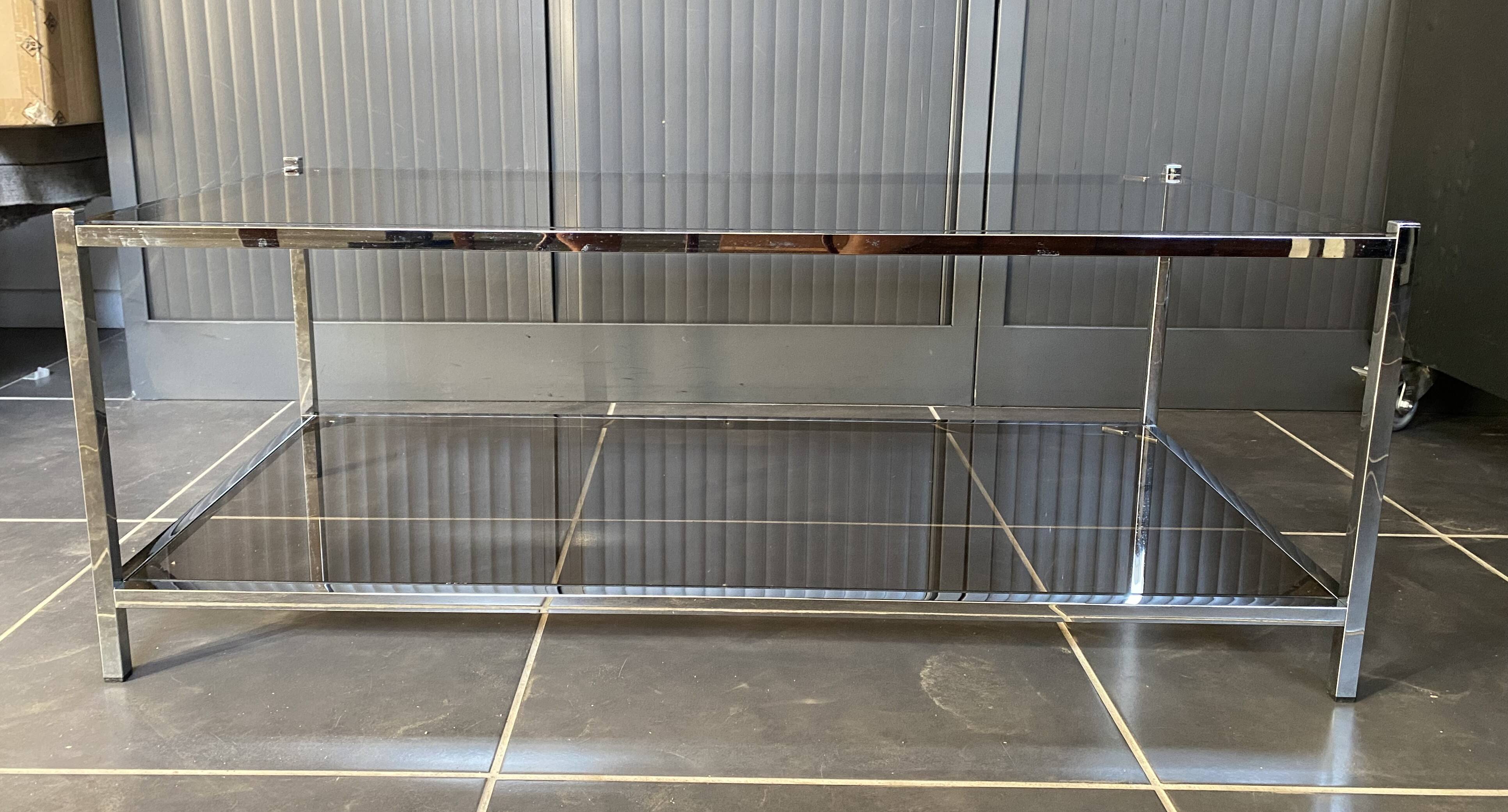 Table basse double plateau verre chrome style Bauhaus vintage 1970