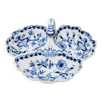 Antique 3-compartment Meissen porcelain serving dish with onion pattern b