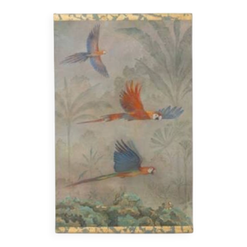 Painted canvas featuring three parrots in a tropical forest. Contemporary.