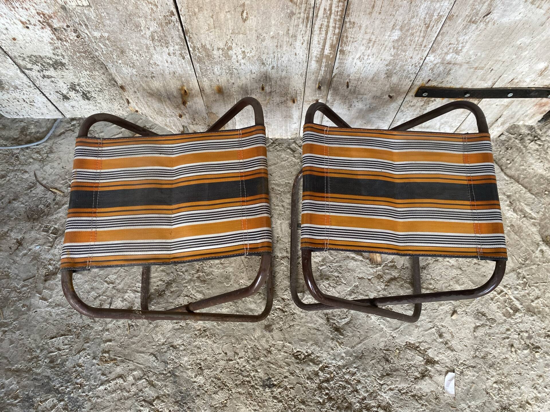 Pair of Folding Camping Fishing Stools Metal Tube + Vintage Fabric #E31