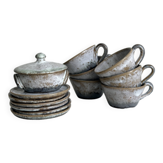 Service à café en grès artisanal, 6 tasses, soucoupes et sucrier, teintes naturelles