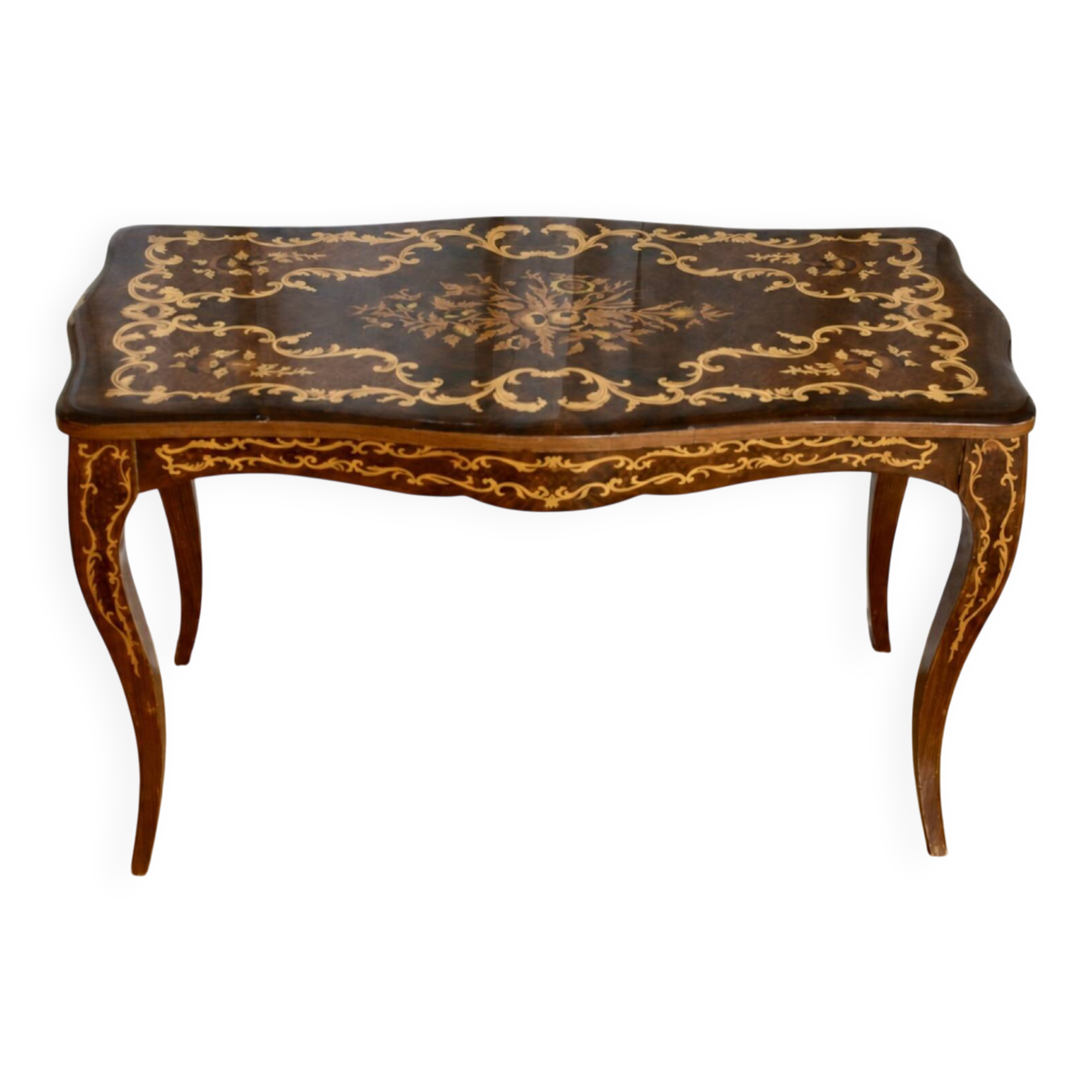 Antique coffee table with floral marquetry, Louis XV style.