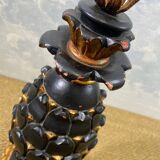 Grande lampe de table ananas en bois sculpté noir et or, France, début du XXe siècle