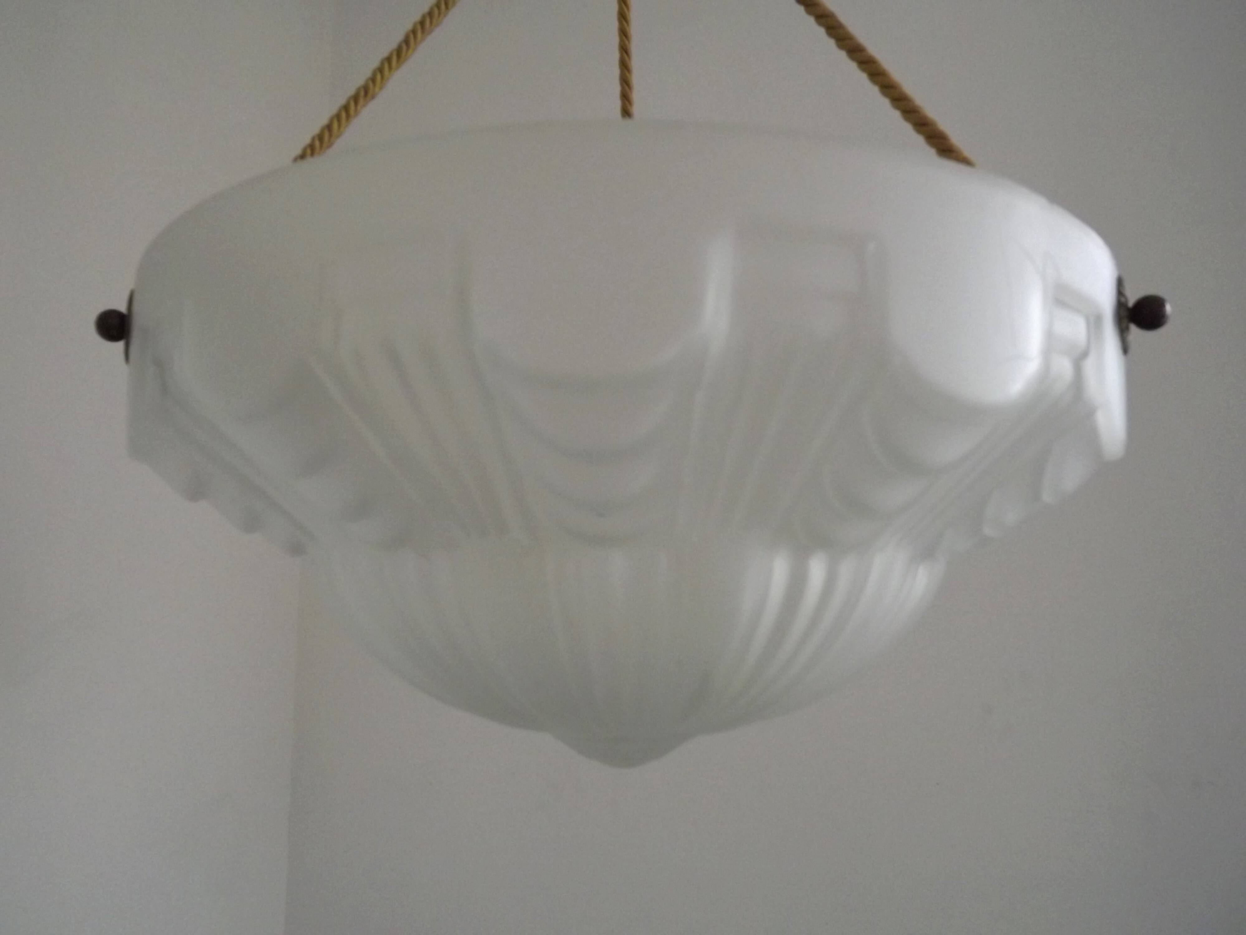 Vintage French 1930s Art Deco Gometric White Glass Ceiling Light