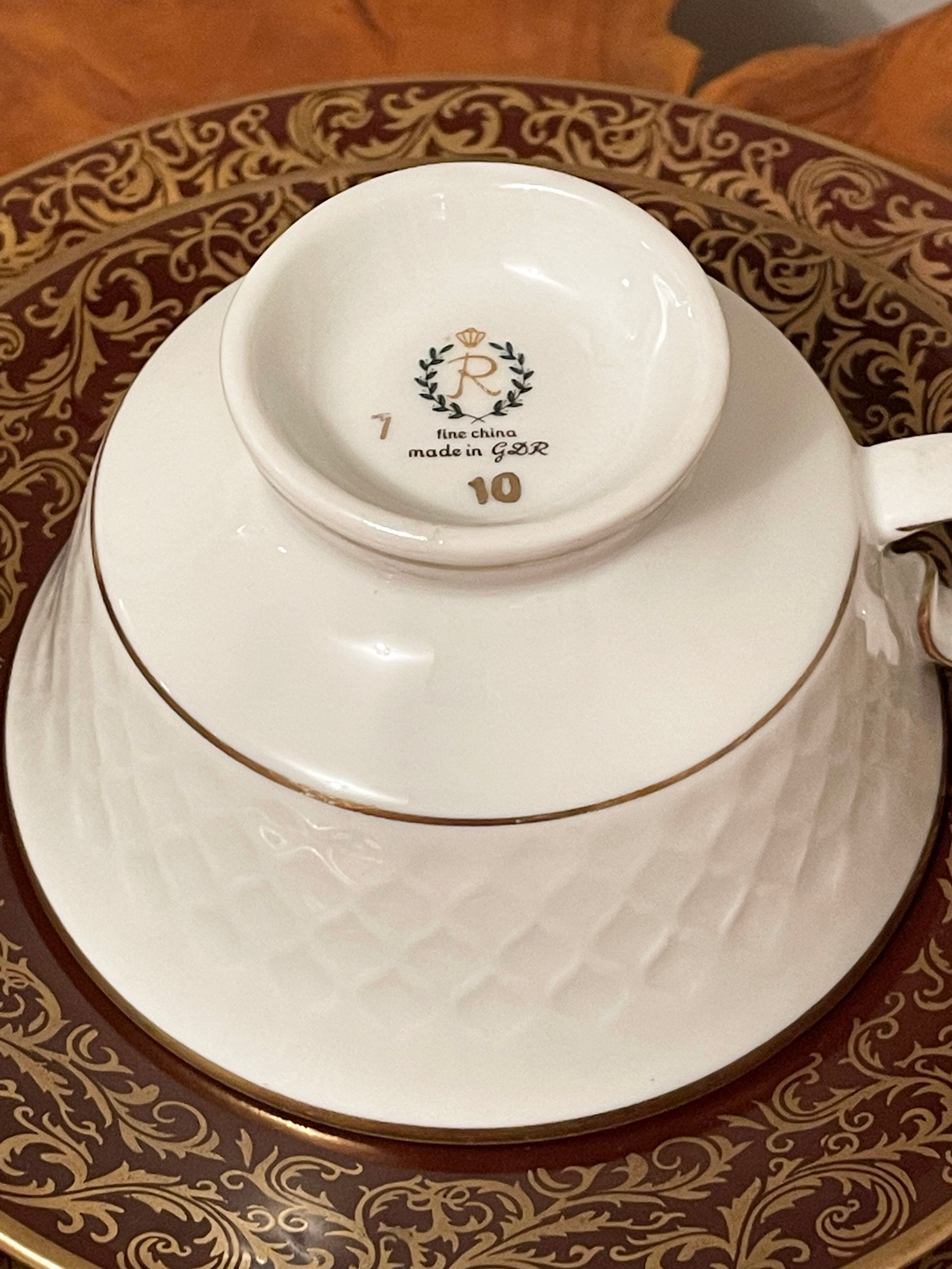 Reichenbach brown teacup trio set with saucer and plate, east-german fine china made in 1968-1990