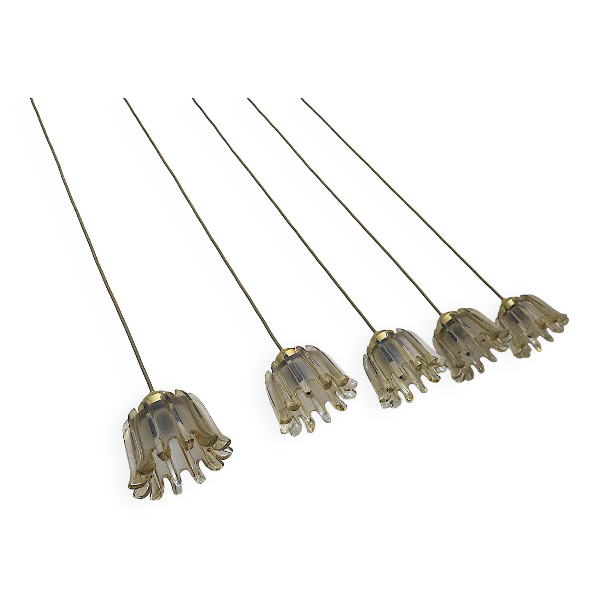 Set of 5 Doria  pendant lights in brass and amber-coloured glass, 1960s
