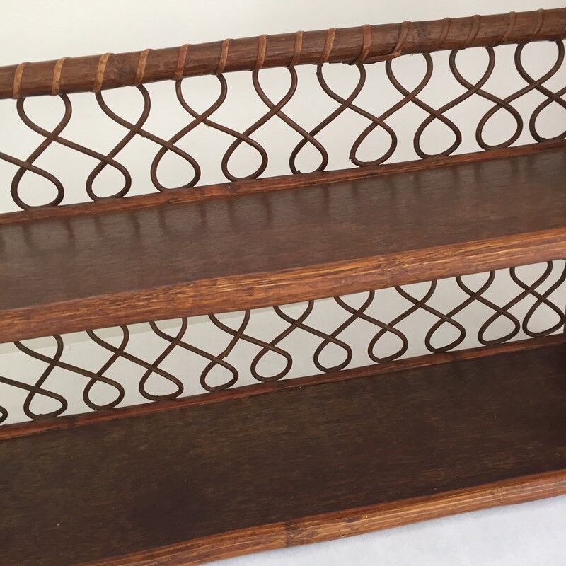Wall shelf in wood, cannage and rattan from the 60s